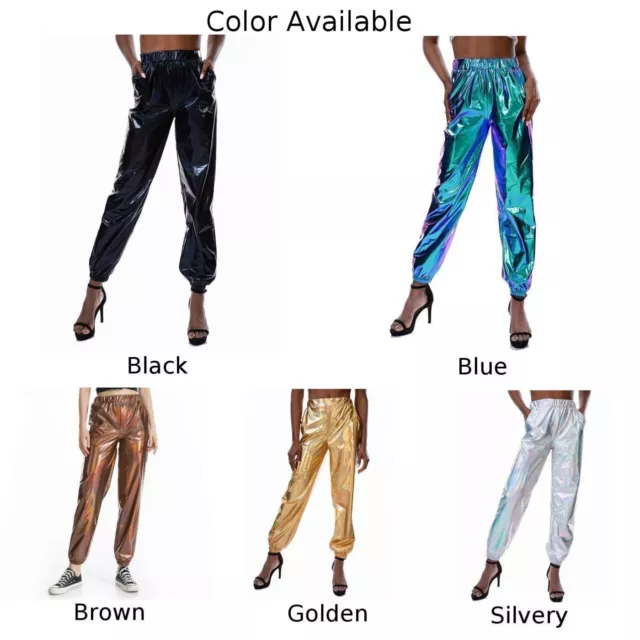 Pantalon de survêtement brillant pour femmes pantalon taille élastique avec po