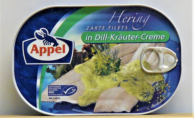 9 filetti di aringhe delicati APPEL FEINKOST in crema alle erbe di aneto -9 lattine di pesce a 200 g