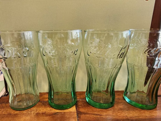 4 Coke Genuine Coca-Cola Green Large 6" Tall Glass Cup Vintage Style 17 OZ