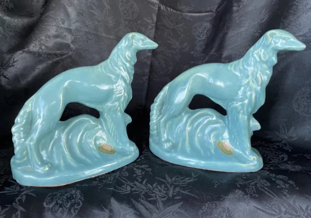 PAIR Rosemeade Pottery Blue Green Wolfhound Dog Bookends North Dakota RARE SET