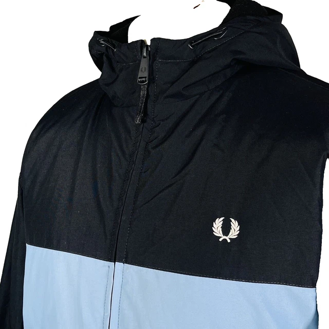FRED PERRY HOODED Padded Brentham Jacket Navy Sky Blue L XL