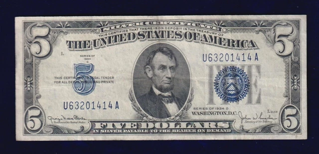 1934D Five Dollar Silver Certificate Crisp Blue Seal Note Old US $5 Bill