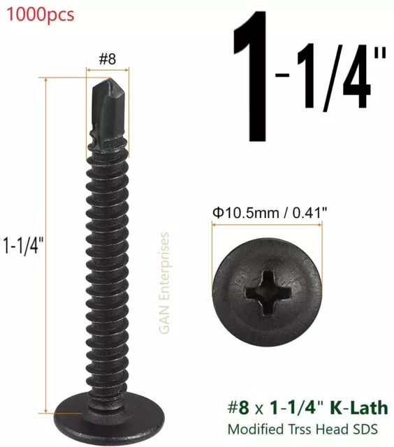 Modified Truss Head Self Drilling / Tapping Screws #8 x 1-1/4" K-Lath Black 1000