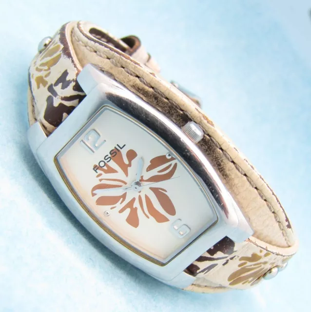 Fossil Damen Armbanduhr Edelstahl Leder weiß Blume JR-8347 3ATM Batt neu S118