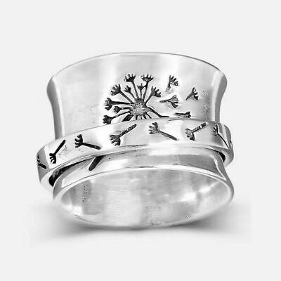 Dandelion Flower Spin Silver Meditation Ring , Relief Fidget & Anxiety Wide Band