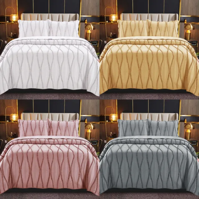 3 Piece Quilted Bedspread Bed Throw Embossed Bedding Set Single Double King Size