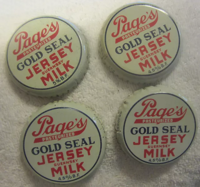 4 lot,Page's Gold Seal Jersey  Milk bottle Lid Cap metal cardboard Toledo Oh vtg