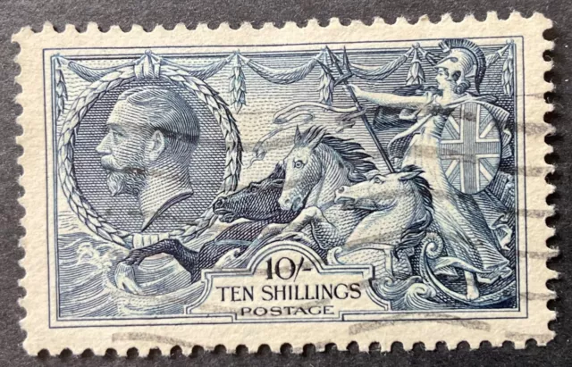 GB George V 1934 10 shilling indigo seahorse stamp vfu