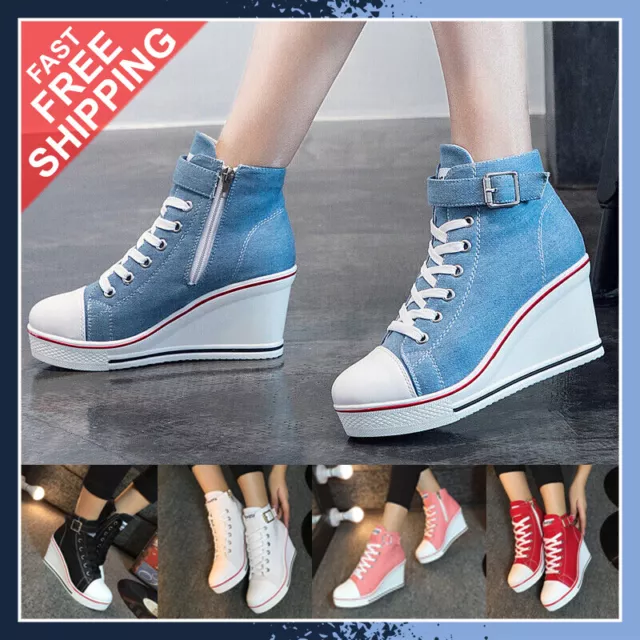 2023#Ladys High Top Wedge Heel Sneakers Women Lace Up Pumps Canvas Sport Shoe
