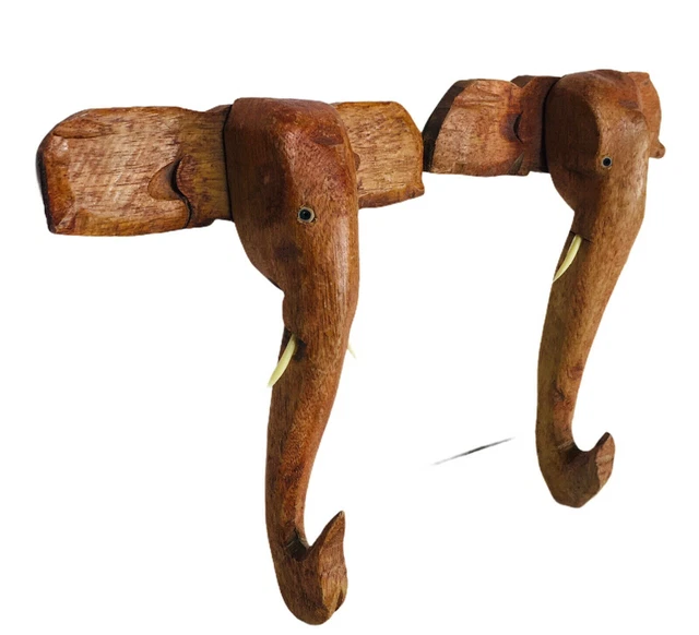 Vintage 60's/70's Hand Carved Wooden Elephant Hanging Wall Hooks