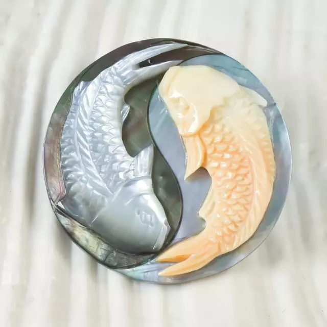 Naga Koi Fish Multicolor & Mother-of-Pearl Paua Shell Carving Yin Yang 4.42 g