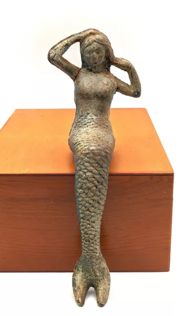 Vintage Cast Iron Sitting MERMAID 9" Garden Poolside Statue Figurine