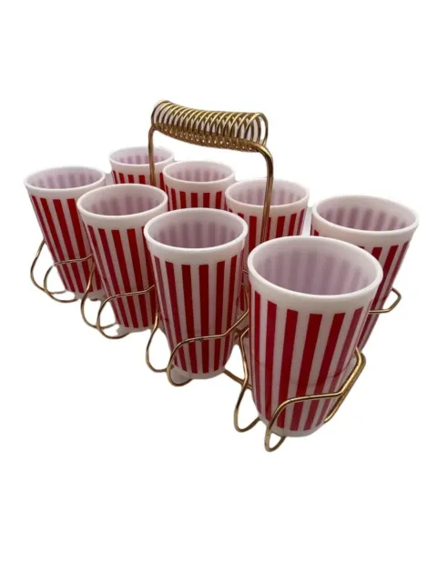 Vtg 1950's Hazel Atlas Candy Milk Glass Red Stripe Tumbler Set of 8 w/ Rack