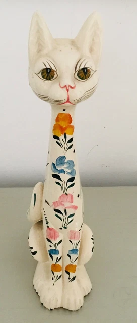 Large Cat Kitty French Figurine Ornament Floral Hand Painted Sitting 32cm Kitsch