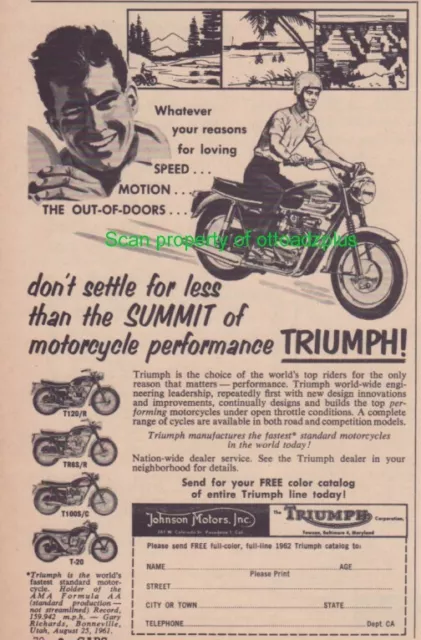 1962 Triumph motorcycle ad - Triumph T120/R - TR65/R -T100S/C - T-20 - Great ad!