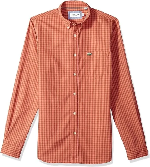 Lacoste mens Long Sleeve Pocket Gingham Poplin Regular Fit Shirt, Red,XL-2XL