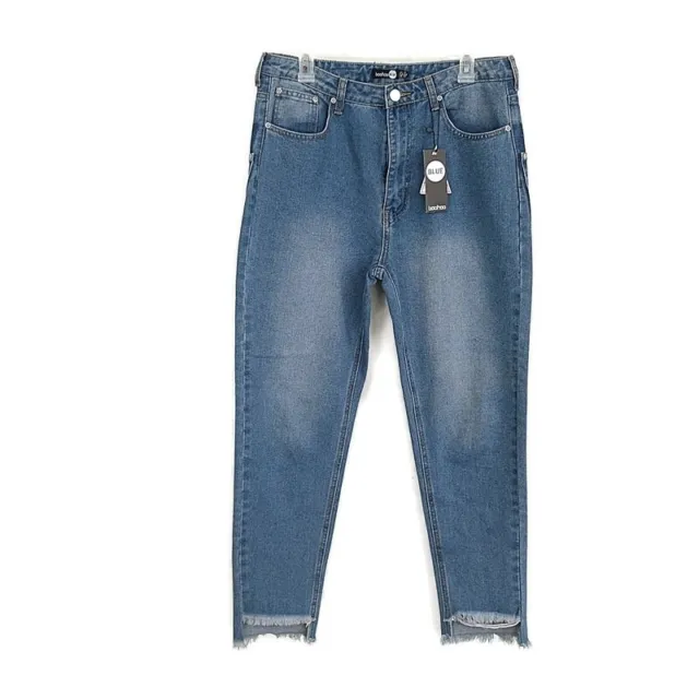 NWT Boohoo Blue Womens sz 10 Jeans Med Wash Faded Denim Ankle Frayed Hem