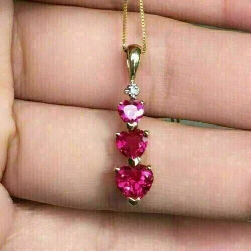14k Yellow Gold Plated 2.0CT Lab Created Heart Cut Pink Ruby Three Stone Pendant