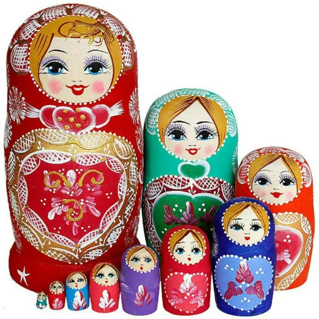 10PCS Russian Nesting Dolls Set Wooden Matryoshka Babushka Hand Painted Toy Gift 2