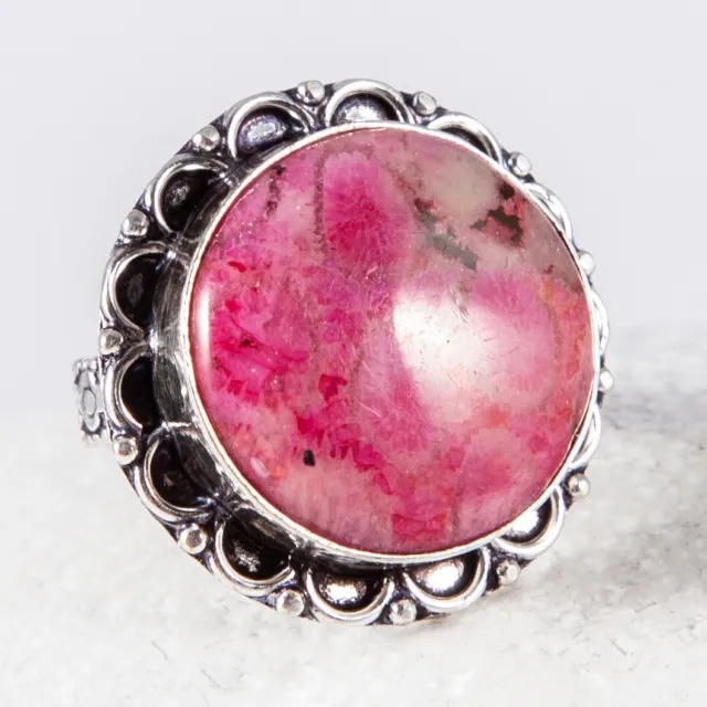 Sehr schöner Silber Ring, Silberring, versteinerte Koralle, Fossil, Pink, Gr. 57