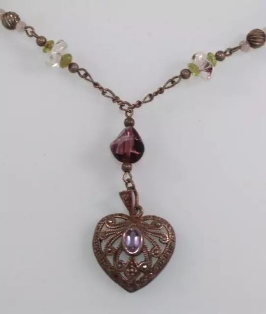 Lovely vintage Marcasite with amethyst heart necklace pendant sterling silver