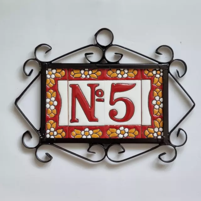 7.5 x 3.5cm Spanish Ceramic Red Floral Number Address Tiles & Metal Frames