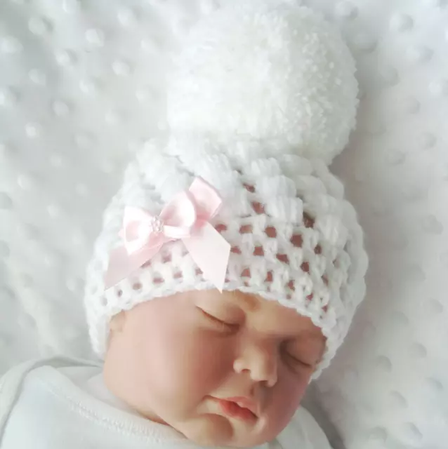 baby girl white crochet pull on off hat white pom pom 2 pink satin side bows