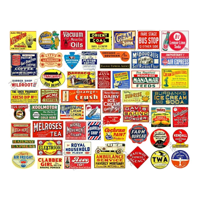 Dollhouse & General Store Signs, 54 Diorama Advertising Signs, 1 STICKER SHEET