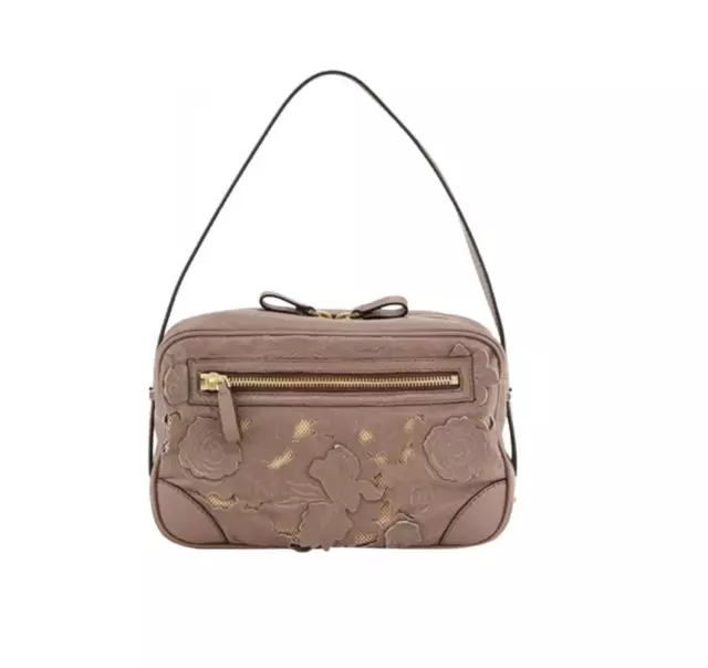 Valentino Floral Cut Out Taupe Leather Tote/Shoulder Bag