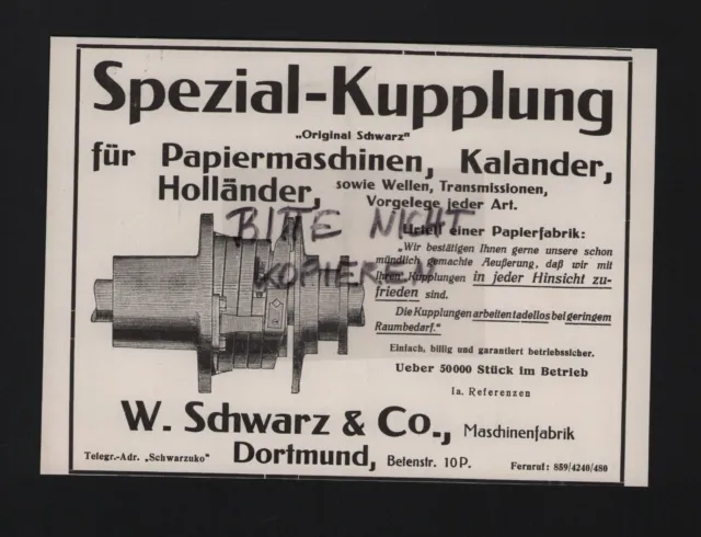 DORTMUND, Werbung 1926, W. Schwarz & Co. Maschinen-Fabrik Spezial-Kupplung