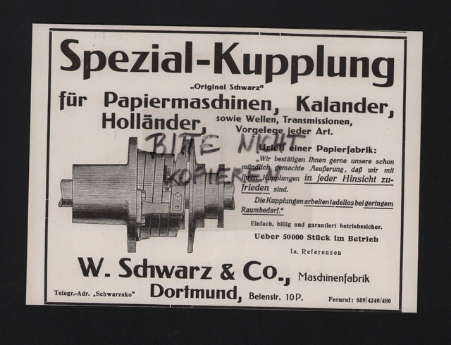 DORTMUND, Werbung 1926, W. Schwarz & Co. Maschinen-Fabrik Spezial-Kupplung