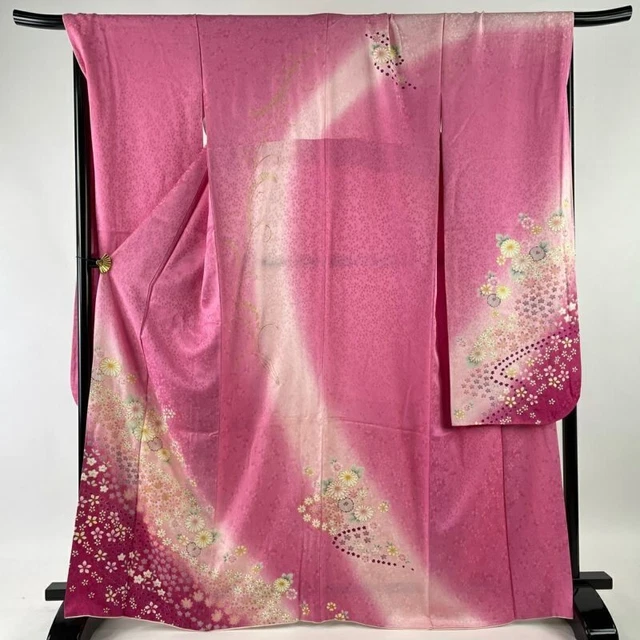 Woman Japanese Kimono Furisode Silk Chrysanthemum CherryBlossom Gold Foil Pink