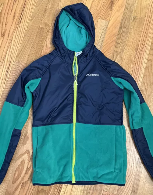 Columbia Fleece Jacket Boys Size 14-16 L Zip Coat Hooded Green & Blue Omniheat