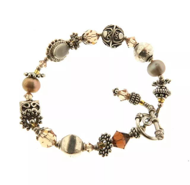 Bali Silver Bead Toggle Bracelet with Moonstone Pearl and Crystal