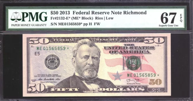 Fr#2132-E* $50 2013 Federal Reserve Star Note Richmond  Pmg 67Epq Superb Gem Unc