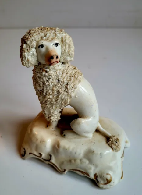 Early Victorian Antique Staffordshire Porcelain Poodle Dog Ornament 5"