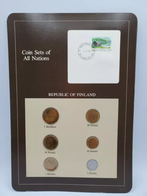 Coin Sets of All Nations - Republic of Finland Six 6 Coins, stamp, Info Card