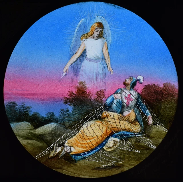 ANTIQUE Magic Lantern Slide PILGRIMS PROGRESS NO88 C1890 KNIGHT CAUGHT IN A NET