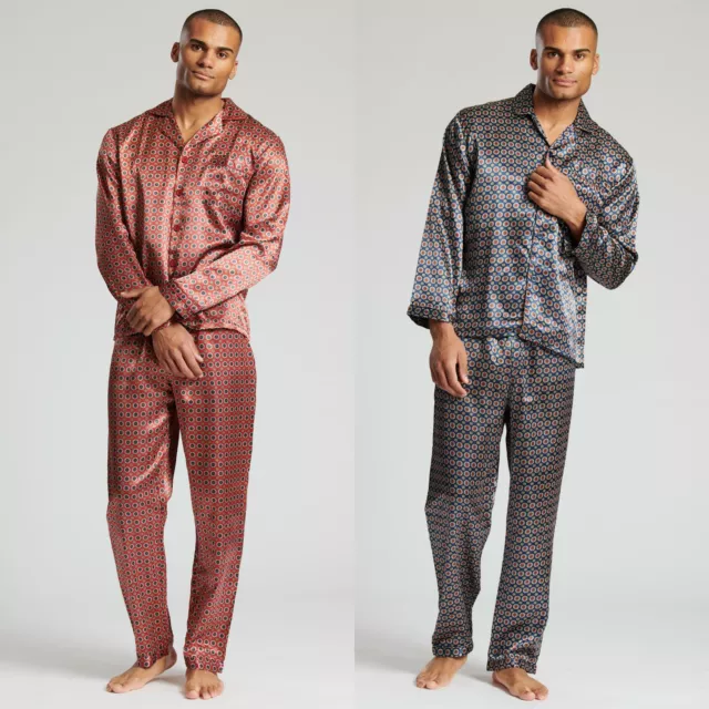 Mens Satin Tailored Pyjamas Long Geo Traditional Button Pyjama PJs Nightwear