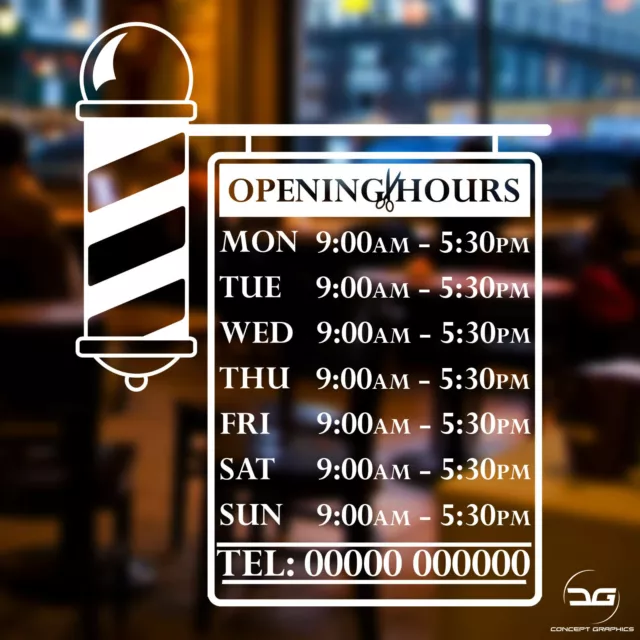 Barber Pole Opening Times Hours Personalised Custom Window Wall Sign Sticker