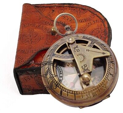 Marine Nautical Antique Brass Compass Push Button Compass With Leather Box HR