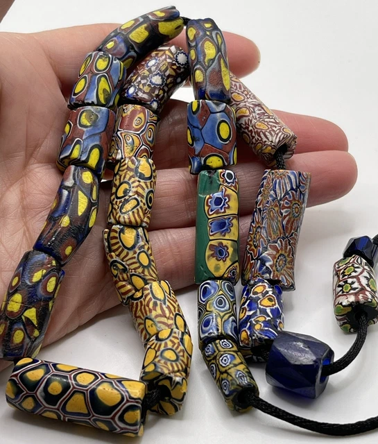 Vintage Antique Venetian Millefiori Cobalt African Trade Bead Necklace NR