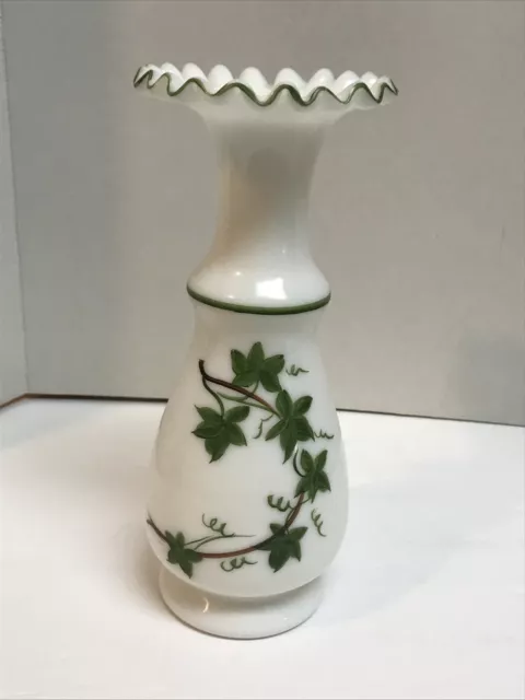 Vtg Milk Glass Vase Hand Painted Ivy Consolidated Glass Co. Regent Line