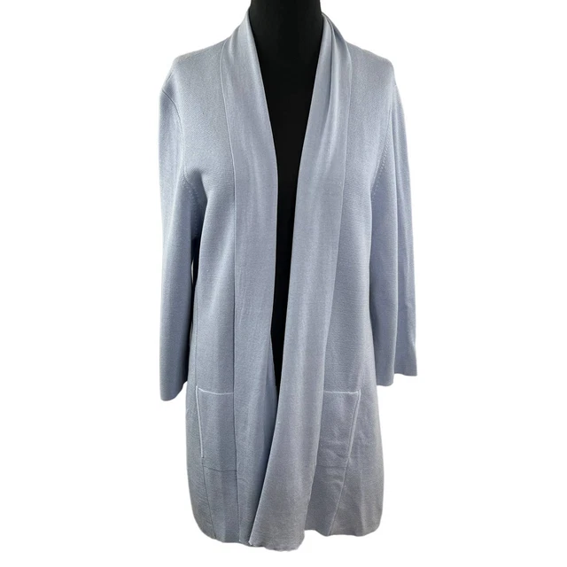 EILEEN FISHER Womens Blue Silk Cotton Blend Open Front Cardigan Duster Sweater L