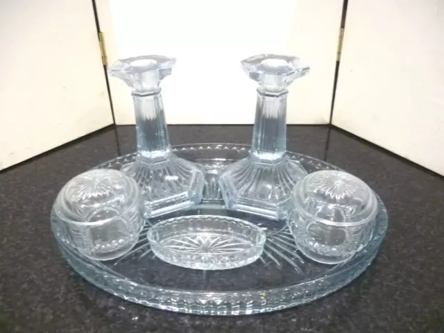 Vintage 6 piece Blue Glass Dressing table set