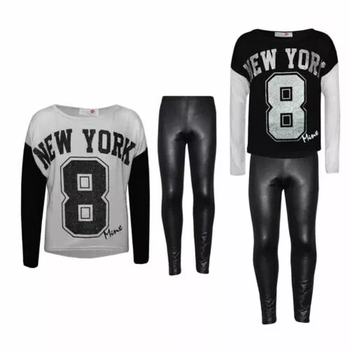 Bambine New York 8 Stampato Trendy Top & Moda Bagnato Look Set Leggings Età 7-13