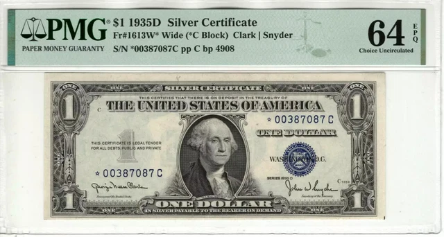 1935 D $1 Silver Certificate Star Note Fr.1613W* Rare *C Block Pmg Cu 64 Epq