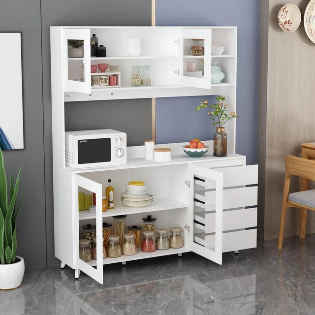 Fufu Gaga Sideboard/Buffet Table 63"W Kitchen White Wood Cabinet w/4-Drawer+Hook