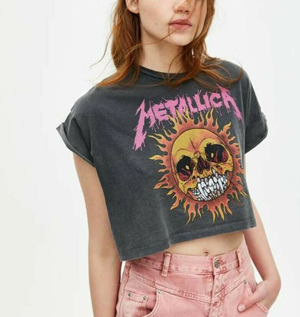 PULL&BEAR ZARA GROUP METALLICA CROP TOP BAND T SHIRT GREY DISTRESSED SKULL M $29.90 -