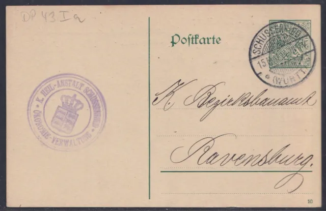 53525) Ganzsache Dienstpostkarte Mi.-Nr. DP 43 HEILANSTALT SCHUSSENRIED 1914